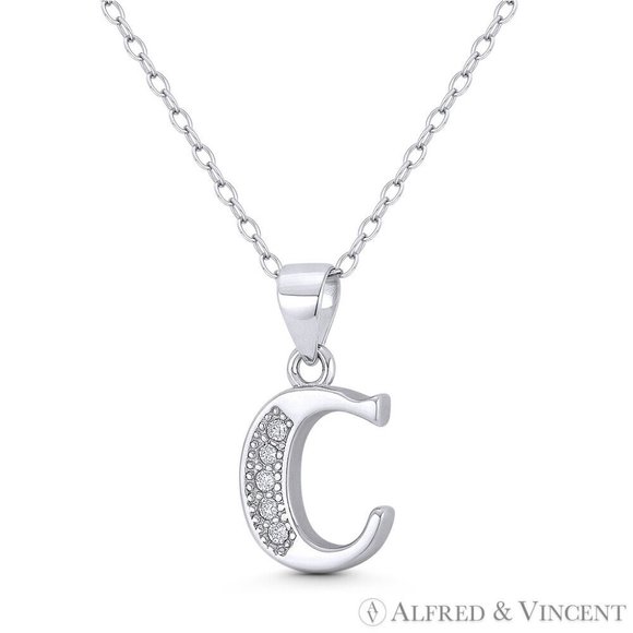 Initial Letter "C" CZ Crystal Pendant in .925 Sterling Silver w/ Rhodium - Picture 1 of 1